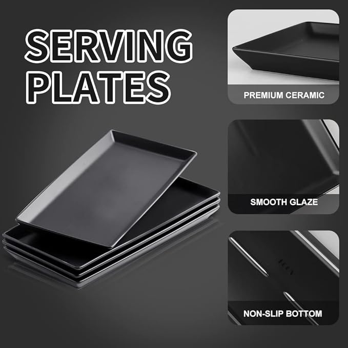 KOOV Ceramic Serving Tray, 14 Inches Large Serving Platter, Rectangular Serving Tray, Porcelain Serving Plates, Ceramic Serving Dishes for Dinner, Party, Sushi, Dessert, Food, Set of 4 (Matte Black)