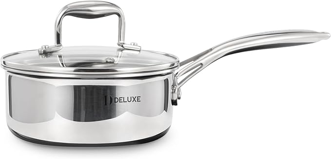 DELUXE Hybrid Ceramic Nonstick 1.3-Quart Saucepan with Tempered Glass Lid, Stainless Steel Pot with Stay-Cool Handle, Dishwasher Oven Safe, Induction Ready, Compatible with All Cooktops
