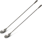 Bar Spoon: 12.5” Stainless Steel Cocktail Mixing Spoon, Long Handle Spiral Design with Weighted Teardrop End (Set of 2)