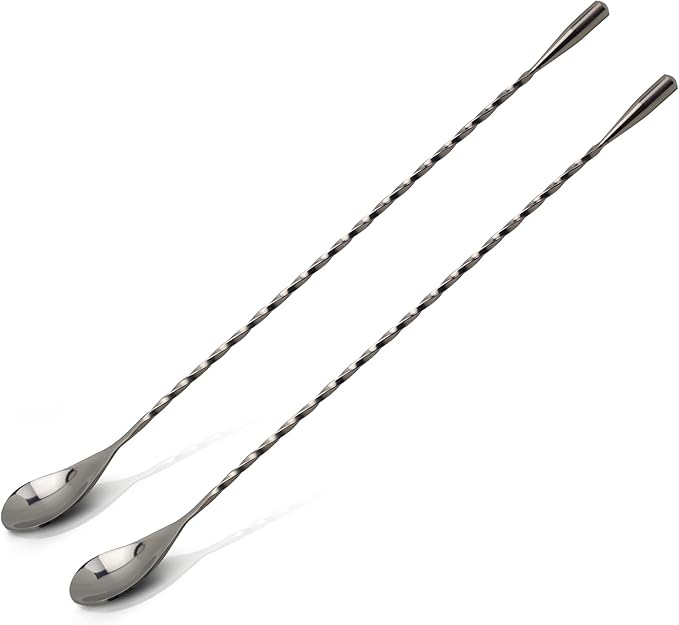Bar Spoon: 12.5” Stainless Steel Cocktail Mixing Spoon, Long Handle Spiral Design with Weighted Teardrop End (Set of 2)