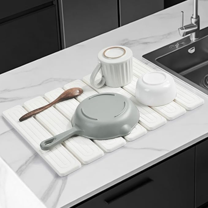 Stone Dish Drying Mat for Kitchen Counter,16"x12",Roll Up Self Drying Dish Mat with Water-Guiding Grooves, Natural Diatomite Quick Dry Stone Mat for Dishes & Utensils