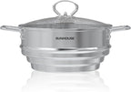 SUNHOUSE 5 Quart Stainless Steel Steamer Insert – Multi-Purpose Soup & Food Steamer with Stay-Cool Handles & Heavy-Duty Glass Lid – Fits Various Pot Sizes (8", 8.5", 9.5")