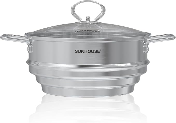 SUNHOUSE 5 Quart Stainless Steel Steamer Insert – Multi-Purpose Soup & Food Steamer with Stay-Cool Handles & Heavy-Duty Glass Lid – Fits Various Pot Sizes (8", 8.5", 9.5")