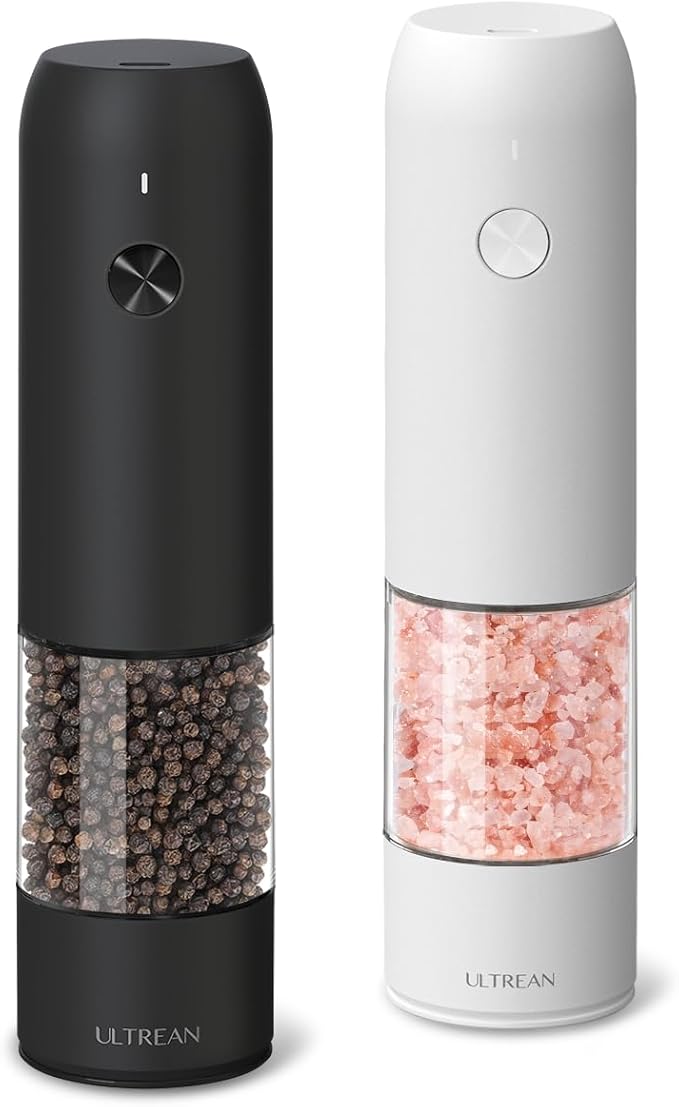 Ultrean Pepper Grinder, Rechargeable Salt and Pepper Grinder with 6 Adjustable Coarseness, LED Light, One-Hand Automatic Operation, Black&White
