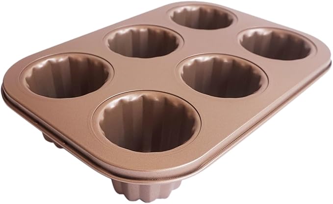Canele Molds 6-Cavity Nonstick, Mini Canele Mold Cake Pan, Carbon Steel Canelle Pastry Molds, Washable Muffin Cupcake Pans for Oven Baking - Gold