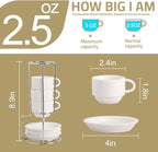 Sweejar Porcelain Espresso Cups with Saucers, 2.5 Ounce Stackable Cappuccino Cups with Metal Stand for Coffee Drinks, Latte, Tea - Set of 4 (White)