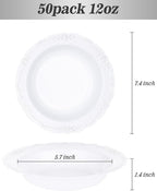 50 Pack White Plastic Bowls with Silver Rim, 12oz Plastic Salad Bowl, Disposable Bowls for Party, Dinners, Weddings, Christmas, Thanksgiving