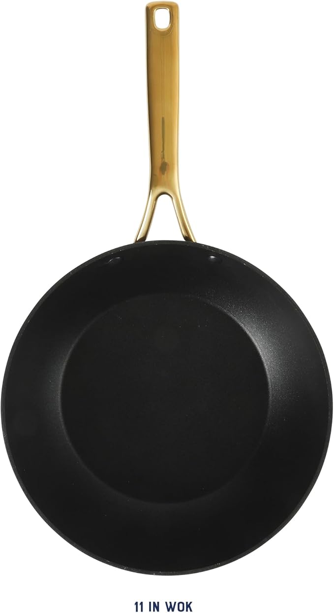 Oster Platinum Abbottsford 11-Inch Matte Black Ceramic Nonstick Wok with Gold Stainless Steel Handle — Flat Bottom, Oven & Induction Safe