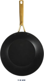 Oster Platinum Abbottsford 11-Inch Matte Black Ceramic Nonstick Wok with Gold Stainless Steel Handle — Flat Bottom, Oven & Induction Safe