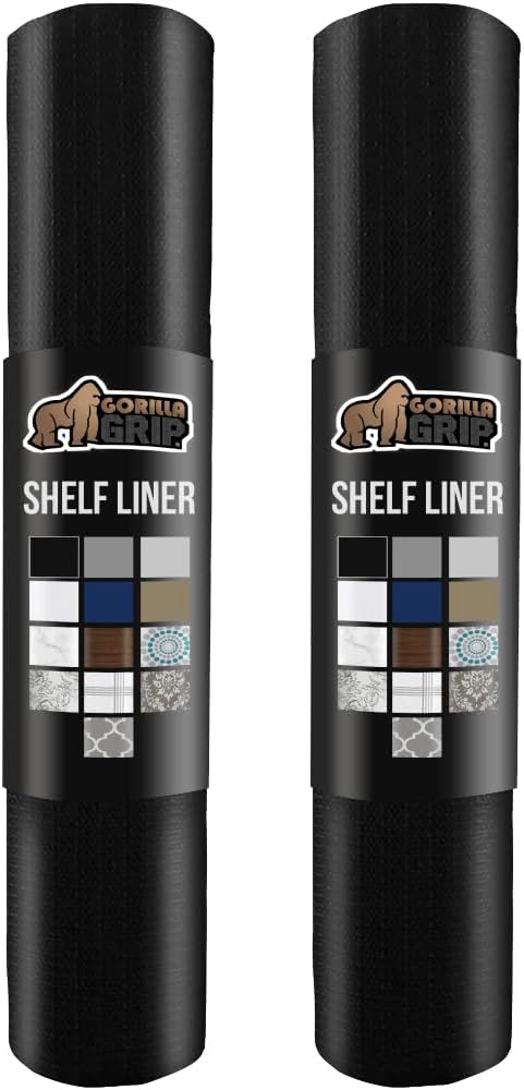 GORILLA GRIP Slip Resistant Drawer and Shelf Liner 2 Pack, Non Adhesive Water Resistant, Easy Clean and Trim, Smooth Surface Liners for Kitchen Cabinet, Shelves, Drawers Pantry, 17.5 IN x 20 FT, Black