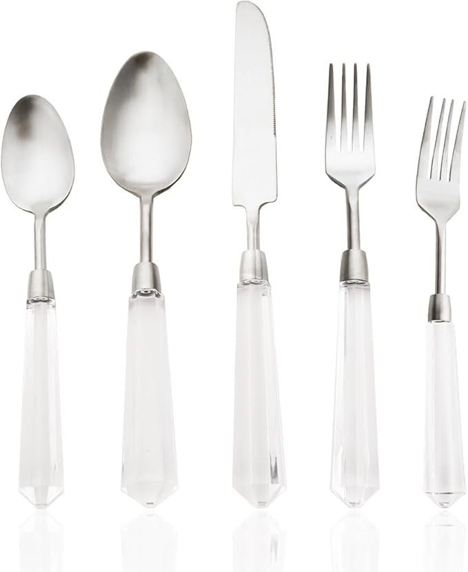 JASHII 5pcs Silver 304 Stainless Steel Flatware Cutlery Set with Transparent Acrylic Handle Diamond Shape, Matte Knife Fork Spoon Set, Dishwasher Safe for Home Wedding Hotel