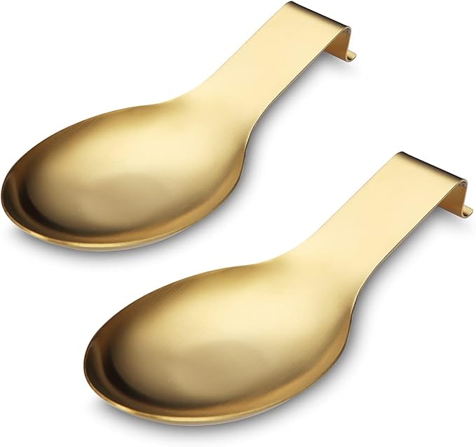 Matte Gold Spoon Rest, Stainless Steel Holder for Stove Top, Kitchen Utensils for Ladles, Tongs, Spatula, Pot Lid, Dishwasher Safe (2PC-9.5 Inch)