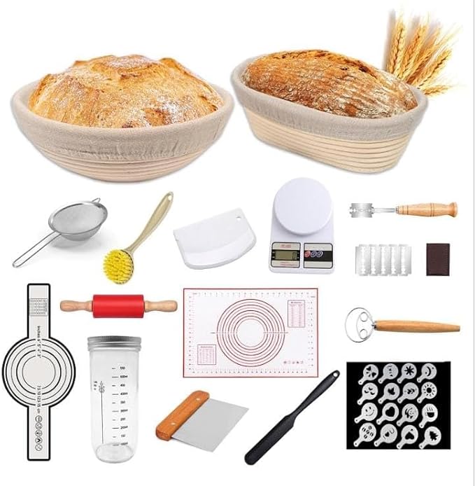 Sourdough Starter Kit with Scale - Sourdough Bread Baking Supplies with Banneton Bread Proofing Basket Set, Bowl Scraper, Silicone Spatula, Baking Mat | Sour Dough Kit & Bread Making Tools by Richni