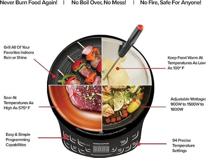 Nuwave Flex Precision Induction Cooktop, 10.25” Shatter-Proof Ceramic Glass, 6.5” Heating Coil, 45 Temps 100°F to 500°F, 4Qt Induction-Ready Healthy Ceramic Non-Stick Everyday Pan with Lid Included