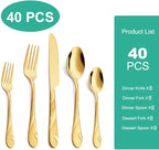 Gold Silverware Set for 8, 40-Piece Stainless Steel Flatware Set, Shiny Gold Metal Cutlery Set, Include Spoon, Fork and Knife Set, Dishwasher Safe