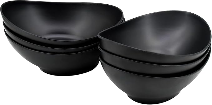 JOYMAY Oval Salad Bowls Set, 34oz Serving Bowls for Kitchen 8.8" Large Bowls for Soup, Oatmeal, Pasta, Snacks, Deep Soup Bowls Set for Salad, Fruit, Vegetable, Ramen, 6PC-Black