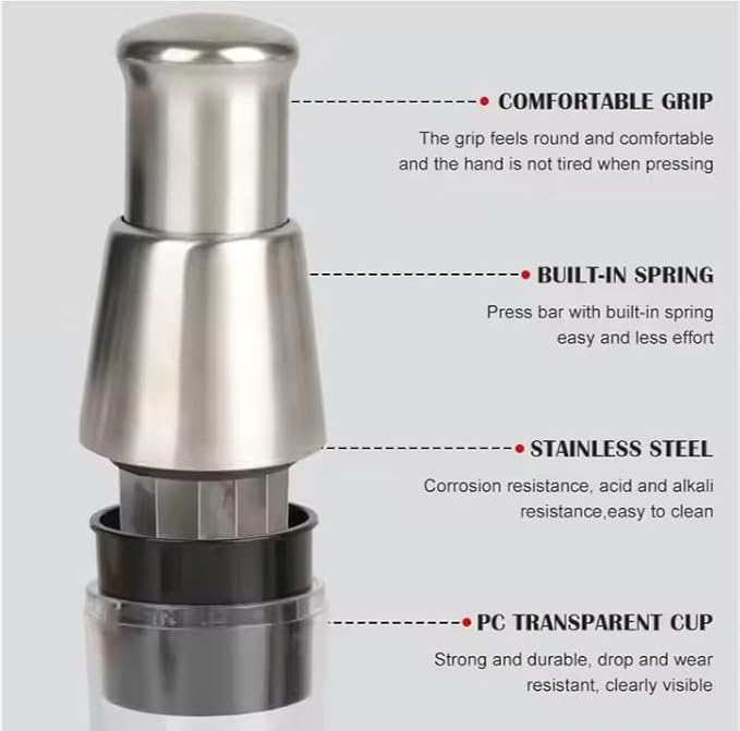 Stainless Steel Garlic Press Mincer with Comfortable Grip, Built-in Spring, 6.3 Inch Height, Clear Collection Cup