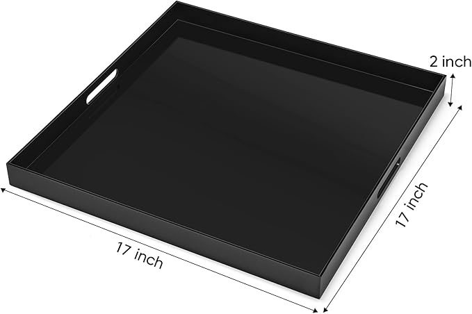 17×17 inches Oversized Black Acrylic Ottoman Tray Extra Large Decorative Tray Spill-Proof Serving Trays with Handles King-Size Safe Edge Organizer for Coffee Table Countertop Breakfast