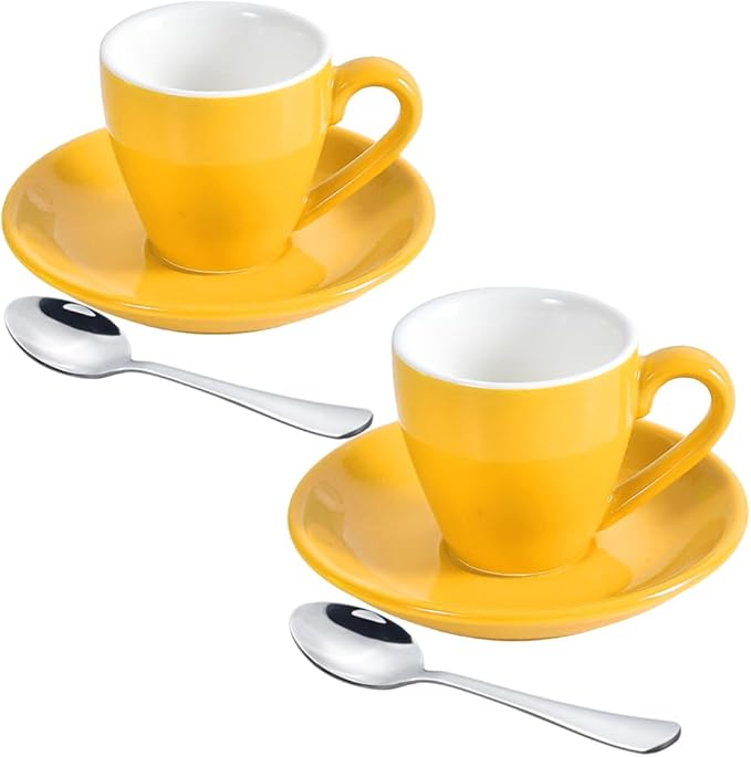 Porcelain Espresso Cup with Saucer And Stainless Steel mini Spoons, Espresso shot Cup, 80ml/2.7Oz, Pack of 2, Yellow