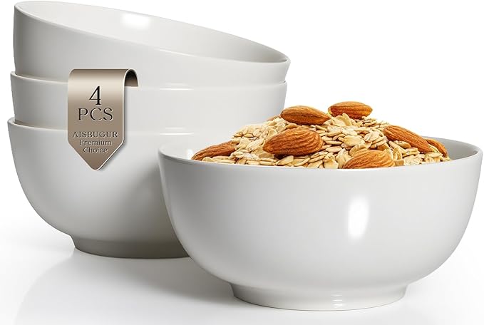 AISBUGUR 28 OZ Soup Bowls,6Inch Ceramic White Bowls Set of 4 for Kitchen,Cereal Bowls for Soup, Cereal, Oatmeal, Fruit, Rice,Bowls Set for Dishwasher & Microwave Safe