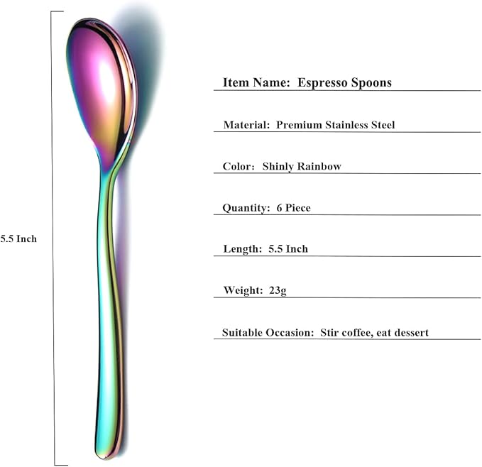 Rainbow Demitasse Espresso Spoons, 5.5'' Mini Coffee Spoons, Set of 6, Stainless Steel, Dishwasher Safe