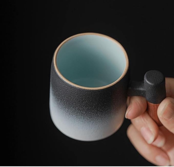 2-Oz Ceramic Espresso Cups with Wood Handle, 2/4-Piece Set for Coffee, Tea, Latte - Dishwasher Safe, Multi-Color & Wood Styles, Gift & Café Use (black white, Wooden Handle2)