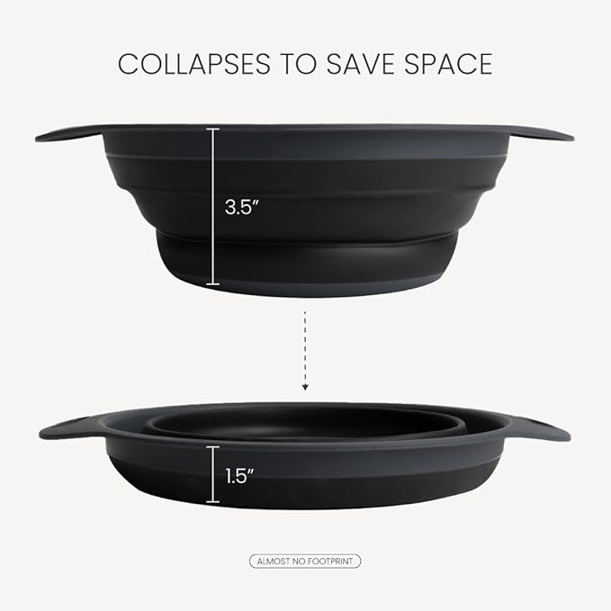Collapsible Colander | 2-Pack Black Collapsible Strainer for Pasta, Fruits, & Vegetables | Compact Silicone Strainer Ideal for Straining all Sorts of Foods | Strainer for Everyday Use Medium