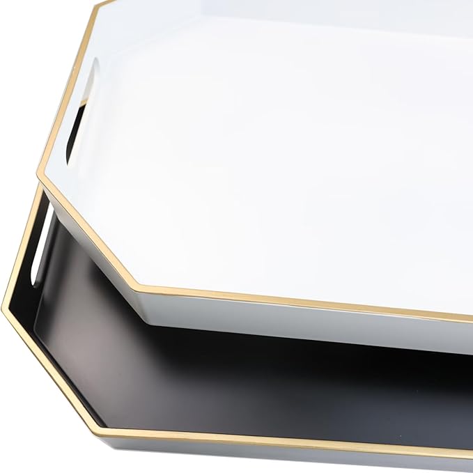 Black Decorative Tray with Handles, Octagon Versatile Serving Tray for Coffee Table, Ottoman, Ideal for Serving, Displaying, Organizing