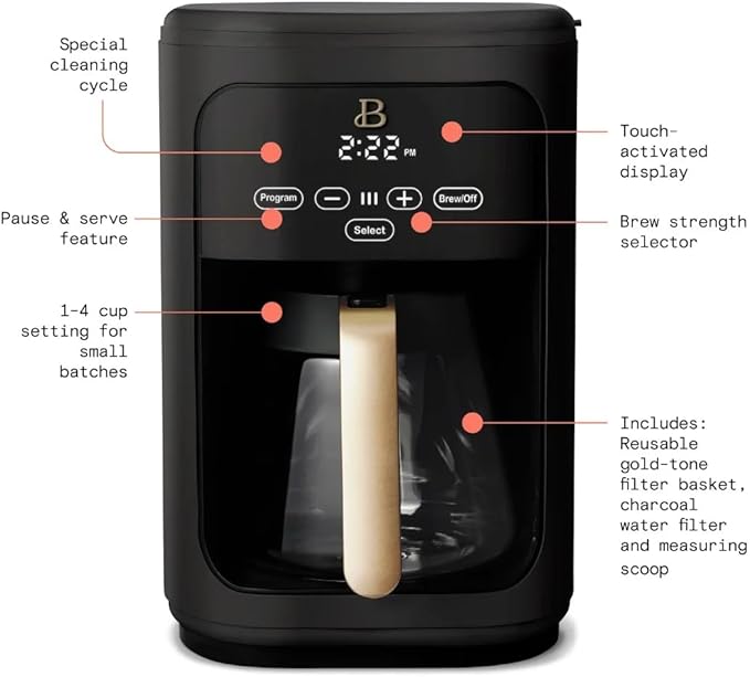 Beautiful by Drew Barrymore 14 Cup Programmable Drip Coffee Maker, Touch-Activated Display, Fast 14-Min Brew, Bold Strength, Keep Warm 4hrs (Black)