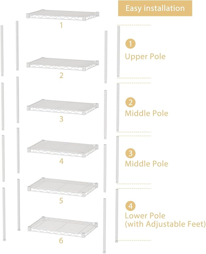 Small 6 tire Shelves Storage Wire Shelving Unit Metal Shelf Adjustable Organizers Storage Shelving for Bathroom Laundry Room Kitchen Pantry10”D x 16”W x 60”H White