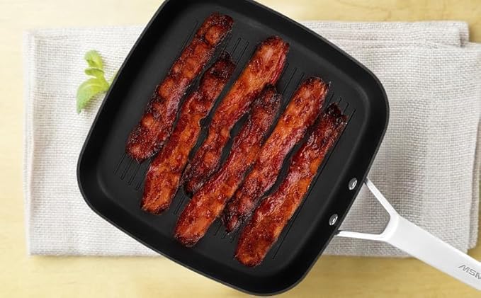 MsMk Square Grill Pan with lid, Stay-Cool Handle, Each Ridge Nonstick, Oven Safe Dishwasher Safe Induction Grill pans for Stove Tops, Square Frying Pan, Bacon Pan, Indoor Chicken Skillet, 11-Inch