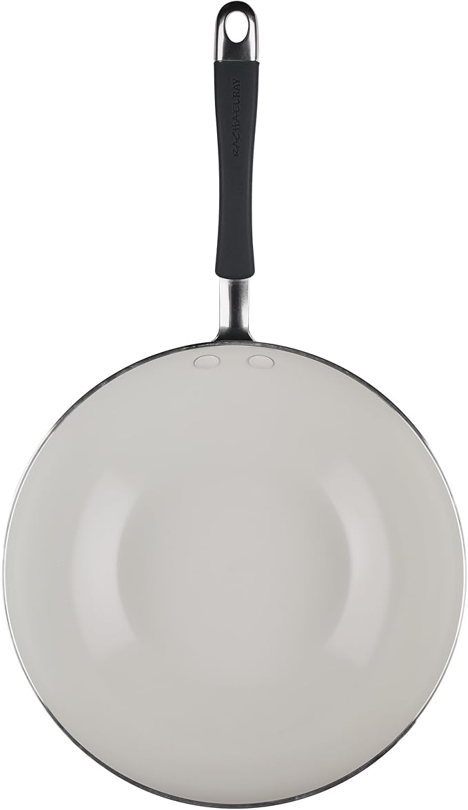 Rachael Ray Cucina Ceramic Nonstick Stir Fry Pan and Lid, 11 Inch Non Stick Wok Pan, Dishwasher Safe - Peppercorn