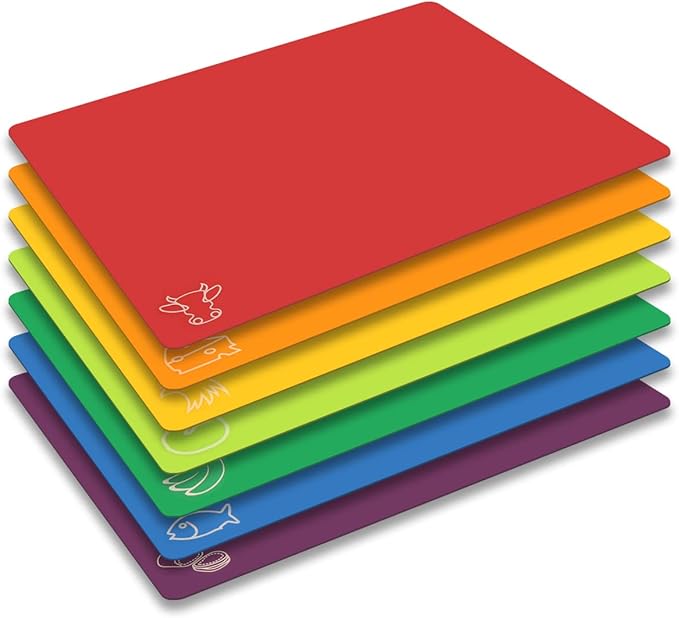 Cutting Board Mats Flexible Plastic Colored Mats with Food Icons, Fotouzy BPA-Free, Non-Porous, Anti-skid back and Dishwasher Safe, Set of 7 Rainbow - 7 Pieces