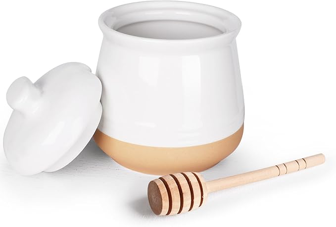 LEETOYI Honey jar with Lid and Wooden Dipper, 12 oz Ceramic Honey Container Dispenser for Home, Microwave & Dishwasher Safe, White