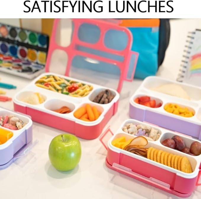 Bento Boxes with Bags and Ice Packs Set of 2. Lunch Box Snack Containers for Kids Boys Girls Adults. 6 Compartments, Leak-proof Portion Container Insulated Bag for School Lunches, Pink & Purple