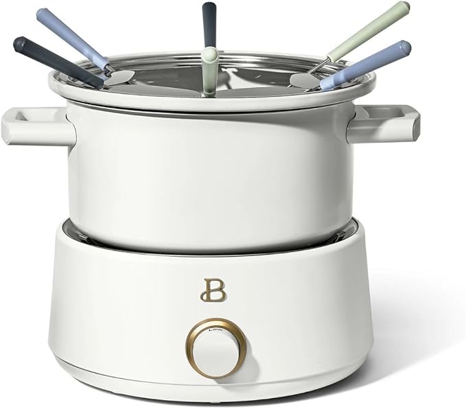 Beautiful 3-Quart Electric Fondue Set, Stainless Steel & Ceramic Insert, Nonstick, Adjustable Temp (White Icing)