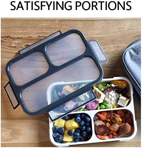 Bento Lunch Box with Bag and Ice Pack Set | Bento Box Adult Lunch Box | 3 Compartment Boxes, Insulated Bags for Work School | Containers for Teens Adults Boys Kids Lunches | Grey Black Large Kit