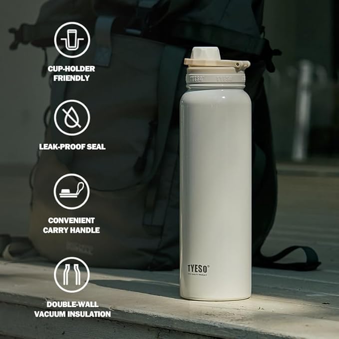 TYESO Insulated Stainless Steel Water Bottle With Spout Lid and Handle for Sports, Travel, and School，Insulated Water Bottle Keep Cold 24H, Leak-Proof (White, 25 oz)