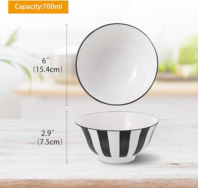 Cereal Bowl Porcelain Soup Bowls - Ceramic Bowl Set 23 oz - 6 Inch Japanese Bowls Black and White for Serving Salad | Ramen | Noodle | Pho | Oat | Oatmeal - Microwave and Dishwasher Safe - Set of 6