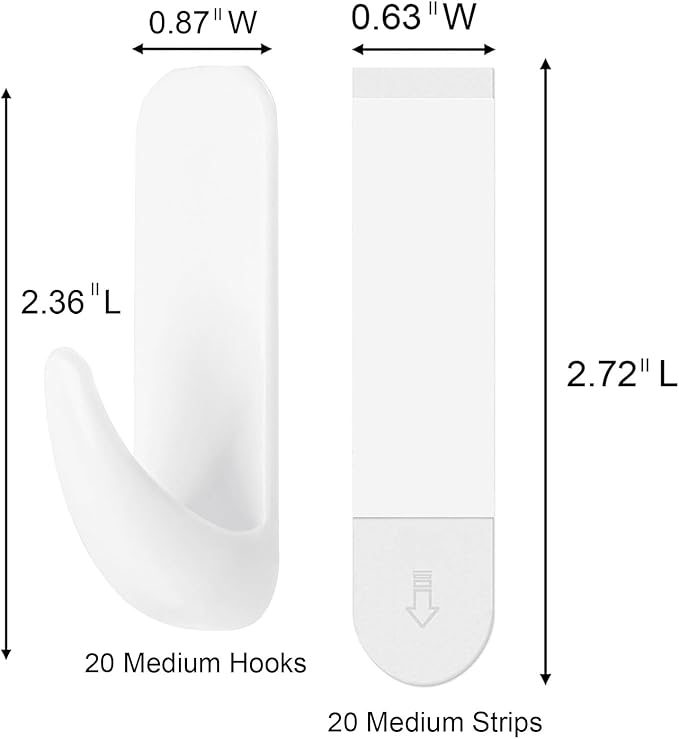 Wall Hooks for Hanging 20 Medium Hooks, Heavy Duty Wall Hooks with 20 Strips, Damage Free Adhesive Hooks for Key Holder, Coat, Door, Shower Hanging