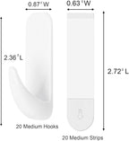 Wall Hooks for Hanging 20 Medium Hooks, Heavy Duty Wall Hooks with 20 Strips, Damage Free Adhesive Hooks for Key Holder, Coat, Door, Shower Hanging