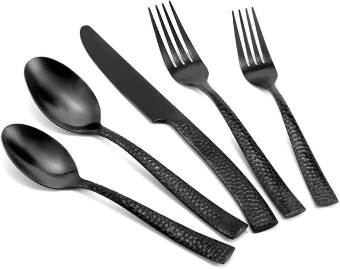 Silverware Set Flatware Set Matte Black Stainless Steel Forged Hammered Cutlery Set Heavy 20 Pieces Service for 4