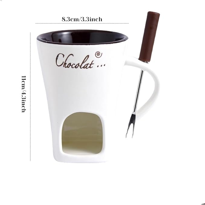 Fondue Mugs,Fondue Cup,Heat Resistant Ceramic Mini Fondue Set with Forks - Reusable Chocolate Melting Cup for Desserts, Date Nights & Parties (BLACK)