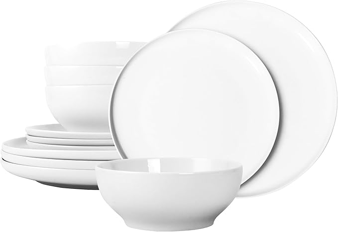 12-Piece Dinnerware Set for 4, White Porcelain Plates and Bowls, Chip Resistant Dishwasher Microwave Safe