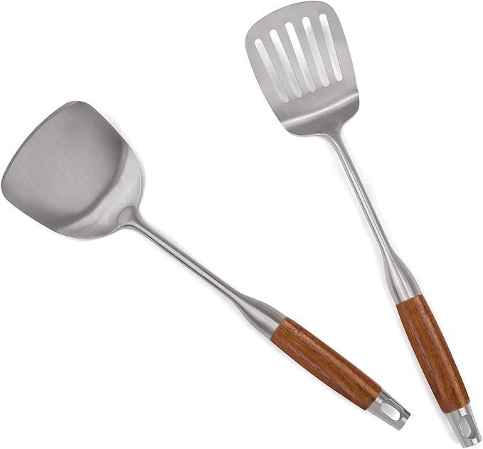 304 Stainless Steel Kitchen Utensils Set with Wooden Handle, 2 Pcs Heat Resistant Metal Cooking Utensils Set,Spatula