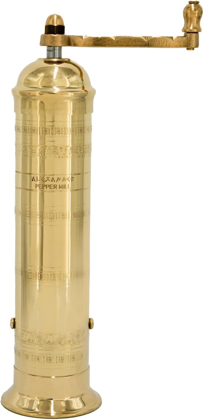 The Original Greek Pepper Mill 10 Inch Tall | European Pepper Mill Grinder with Crank Handle | Manual Pepper Grinder | Peppercorns Refillable - Brass