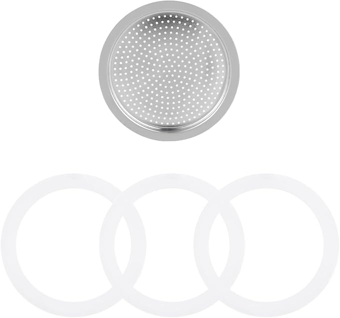 Sivaphe 3 Cup Moka Pot Replacement Infuser Parts for Aluminum Italian Stovetop Espresso Coffee Maker, 1 Filter and 3 Silicone Gasket Seals