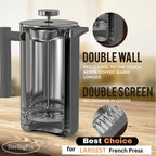 French Press Coffee Maker -Double Walled Large Coffee Press with 2 Extra Filters-Enjoy Granule-Free Coffee, Stylish Rust Free Kitchen Accessory-Stainless Steel (Grey, 2L)