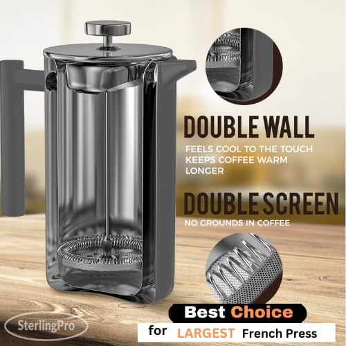 French Press Coffee Maker -Double Walled Large Coffee Press with 2 Extra Filters-Enjoy Granule-Free Coffee, Stylish Rust Free Kitchen Accessory-Stainless Steel (Grey, 2L)