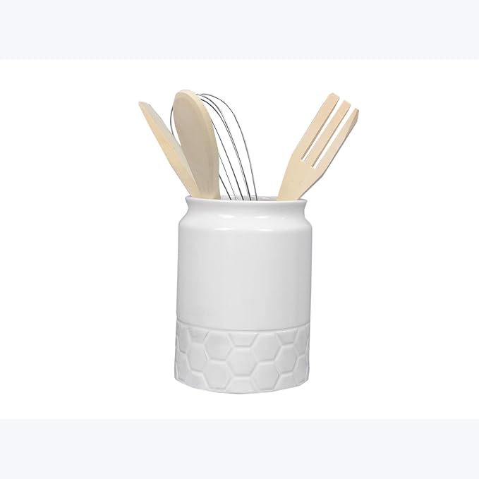Young's Inc Modern Country Tool Holder with Wood Kitchen Tools, Ceramic Utensil Holder for Kitchen Counter, Cooking Spoon & Spatula Holder for Counter with Utensils, White/Grey